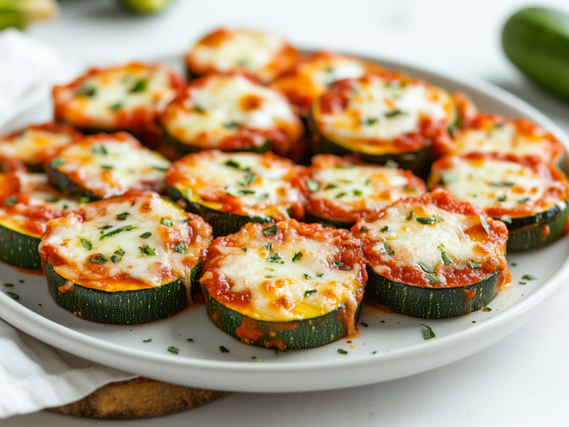 Zucchini-Pizza-Bites auf einem weiÃŸen Teller.