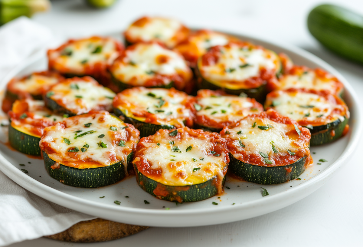 Zucchini-Pizza-Bites auf einem weiÃŸen Teller.