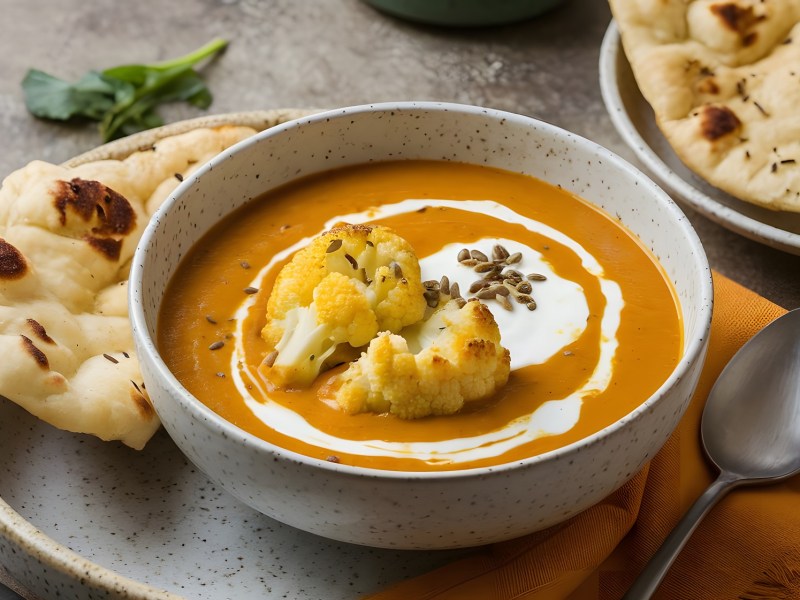 Eine Schale Blumenkohl-Curry-Suppe, garniert mit Kokosmilch und gerÃ¶stetem Blumenkohl. Daneben liegt etwas frisches Naan.