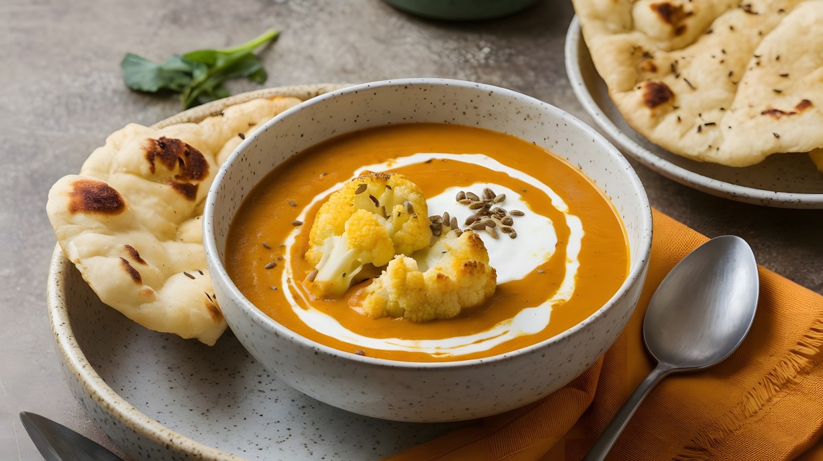 Eine Schale Blumenkohl-Curry-Suppe, garniert mit Kokosmilch und gerÃ¶stetem Blumenkohl. Daneben liegt etwas frisches Naan.