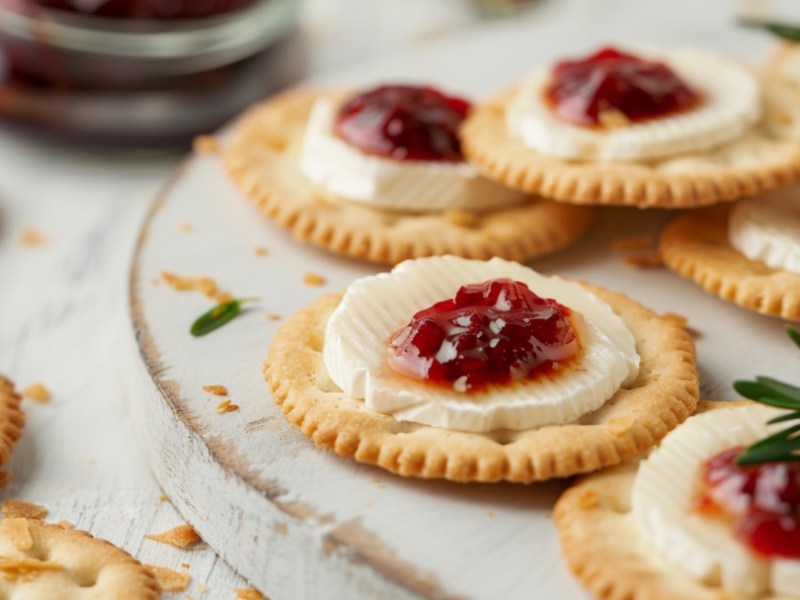 Camembert-Cracker mit Marmelade auf einem weiÃŸen Teller.