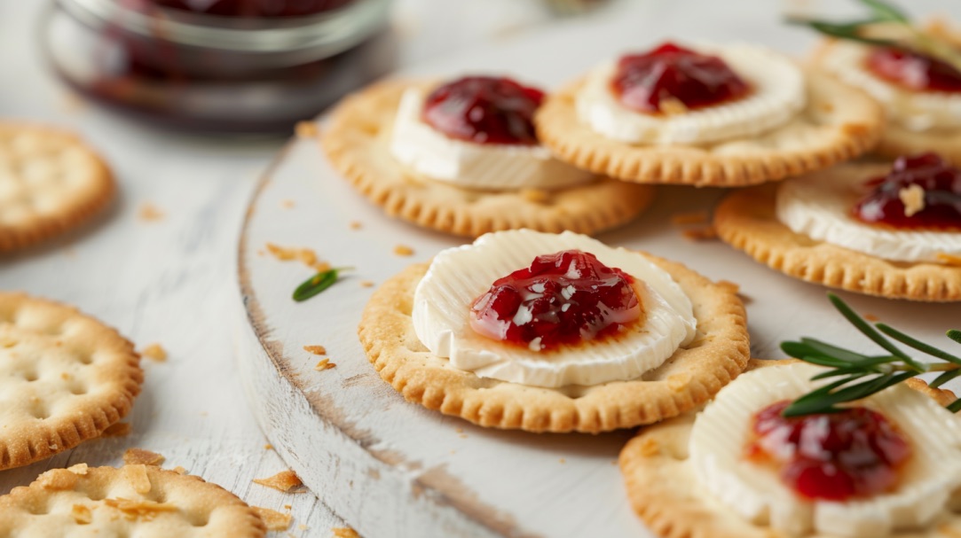 Camembert-Cracker mit Marmelade auf einem weiÃŸen Teller.