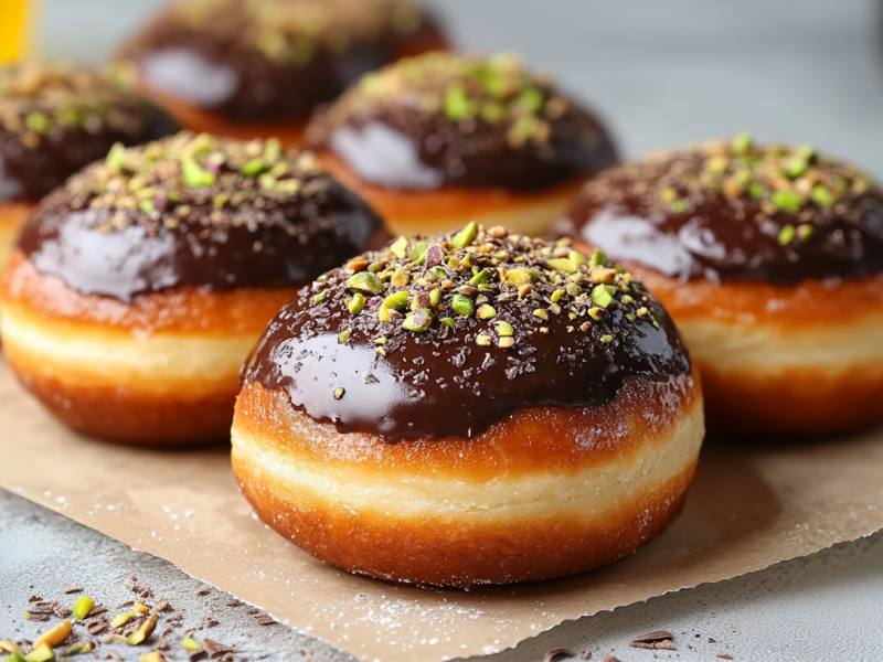 6 Dubai-Schokolade-Donuts mit Pistazien bestreut und Schokolade Ã¼berzogen auf Backpapier.