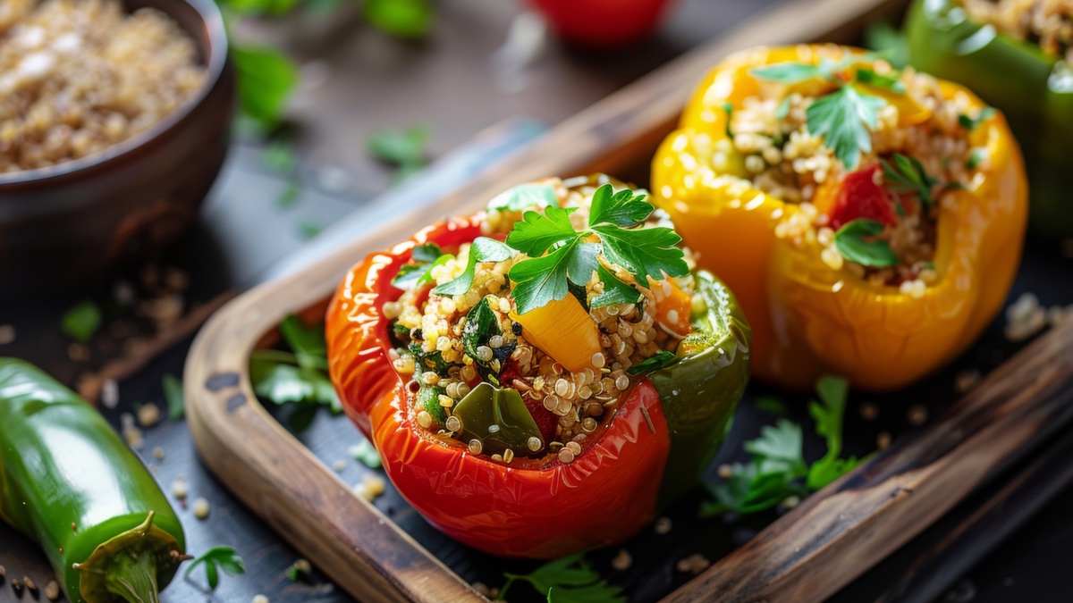 GefÃ¼llte Paprika mit Quinoa auf braunem Brett.