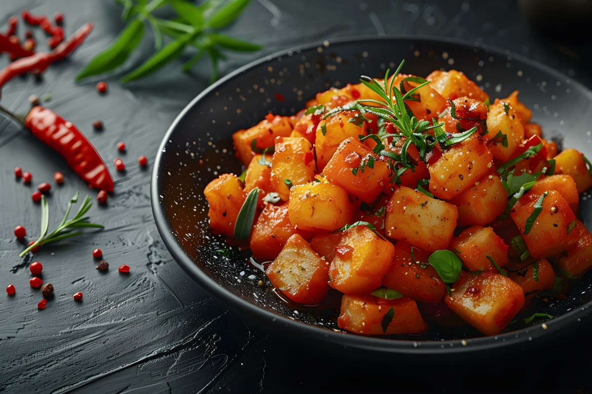 Eine SchÃ¼ssel Harissa-Kartoffelsalat mit Petersilie garniert.