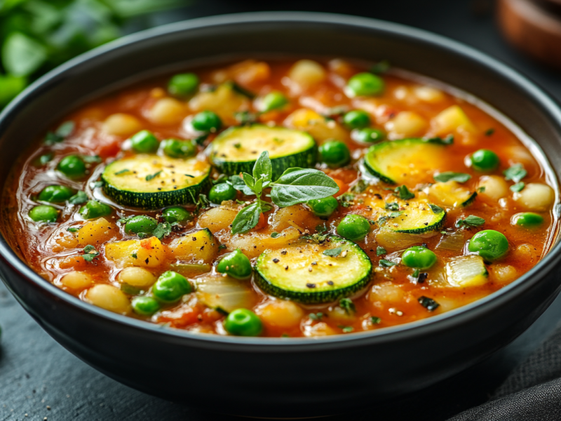 Eine SchÃ¼ssel Kichererbsensuppe mit Zucchini, Erbsen und KrÃ¤utern.