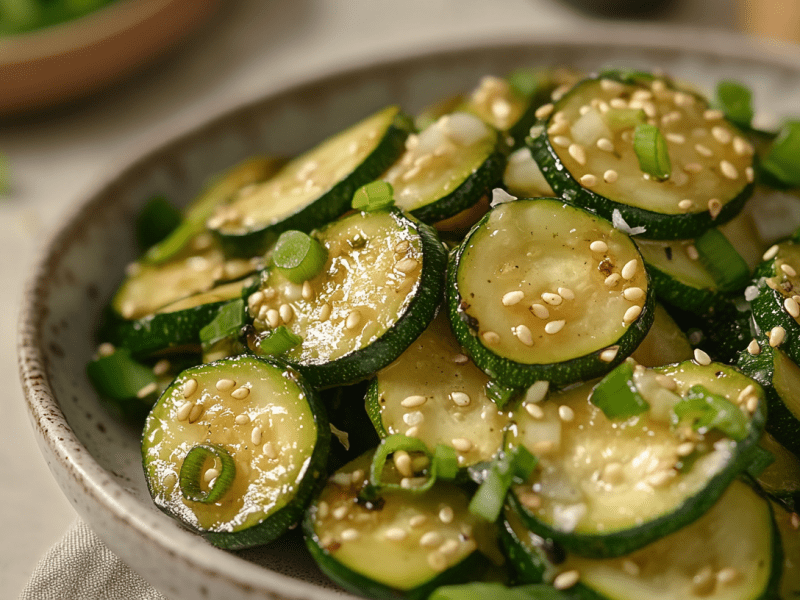 Koreanischer Zucchinisalat Hobak Bokkeum mit Sesam und FrÃ¼hlingszwiebeln in einer SchÃ¼ssel.