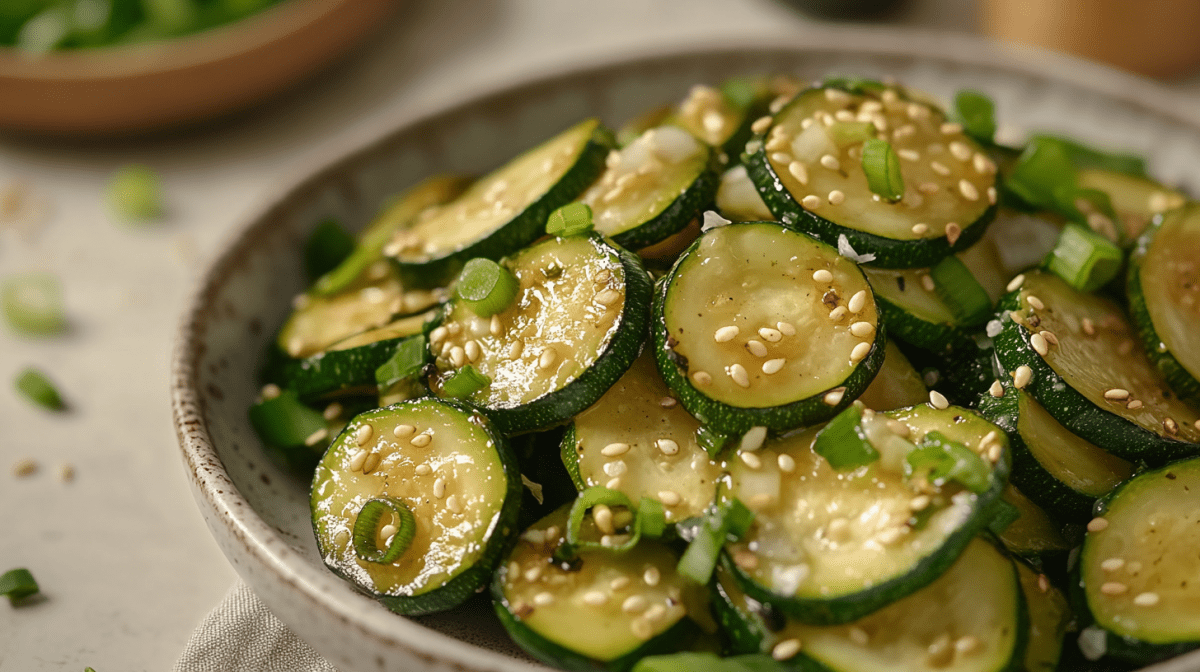 Koreanischer Zucchinisalat Hobak Bokkeum mit Sesam und FrÃ¼hlingszwiebeln in einer SchÃ¼ssel.