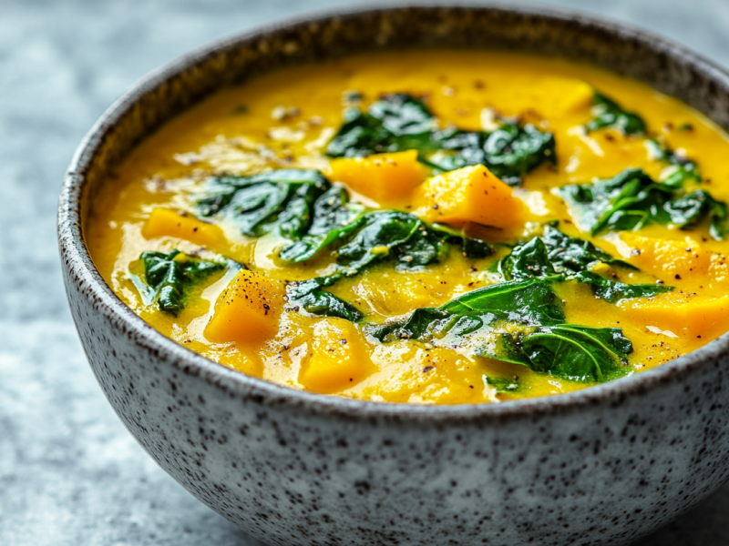 eine SchÃ¼ssel KÃ¼rbis-Wirsing-Curry. Nahaufnahme.