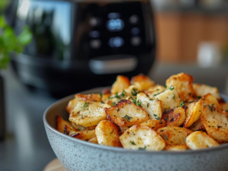 Brie-Chips aus dem Airfryer in einer Schale. Im Hintergrund ist eine HeiÃŸlutfritteuse zu sehen.