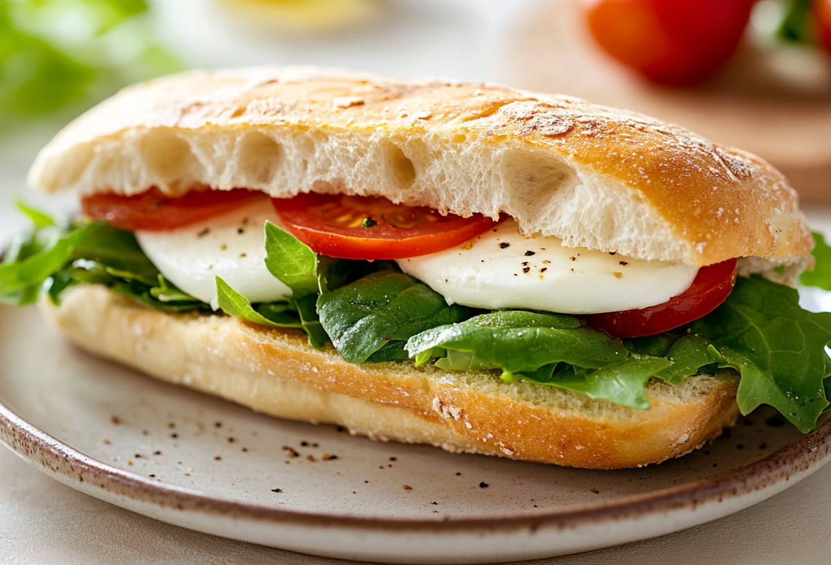 Ein Caprese-Sandwich mit Focaccia, Tomaten, Mozzarella und Salat auf einem Teller.