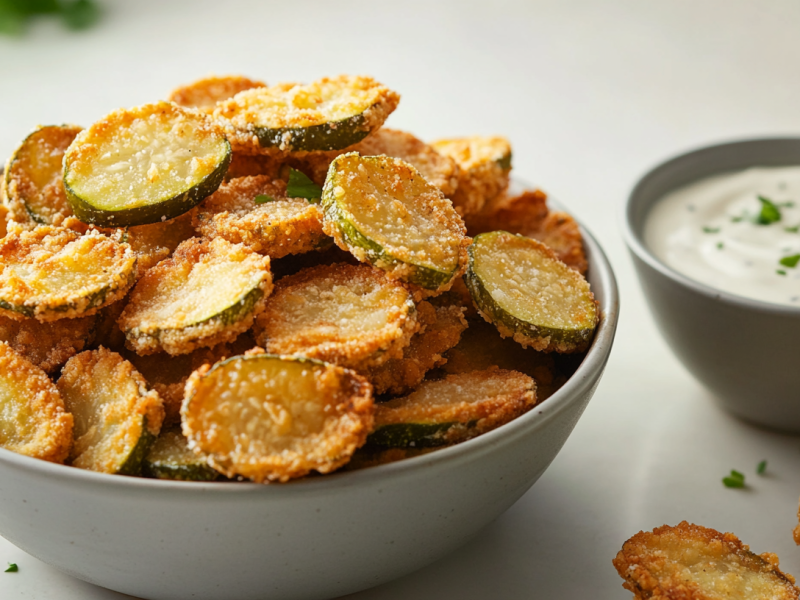 Eine Schale frittierte GewÃ¼rzgurken, daneben eine schale mit weiÃŸem Dip.