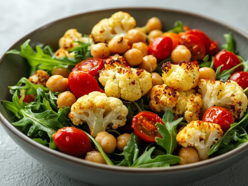 Eine Schale gerÃ¶steter Blumenkohl-Salat mit Kichererbsen, Tomaten und Rucola.