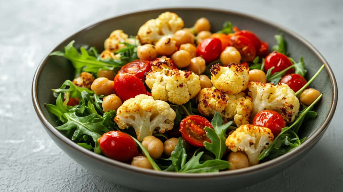 Eine Schale gerÃ¶steter Blumenkohl-Salat mit Kichererbsen, Tomaten und Rucola.