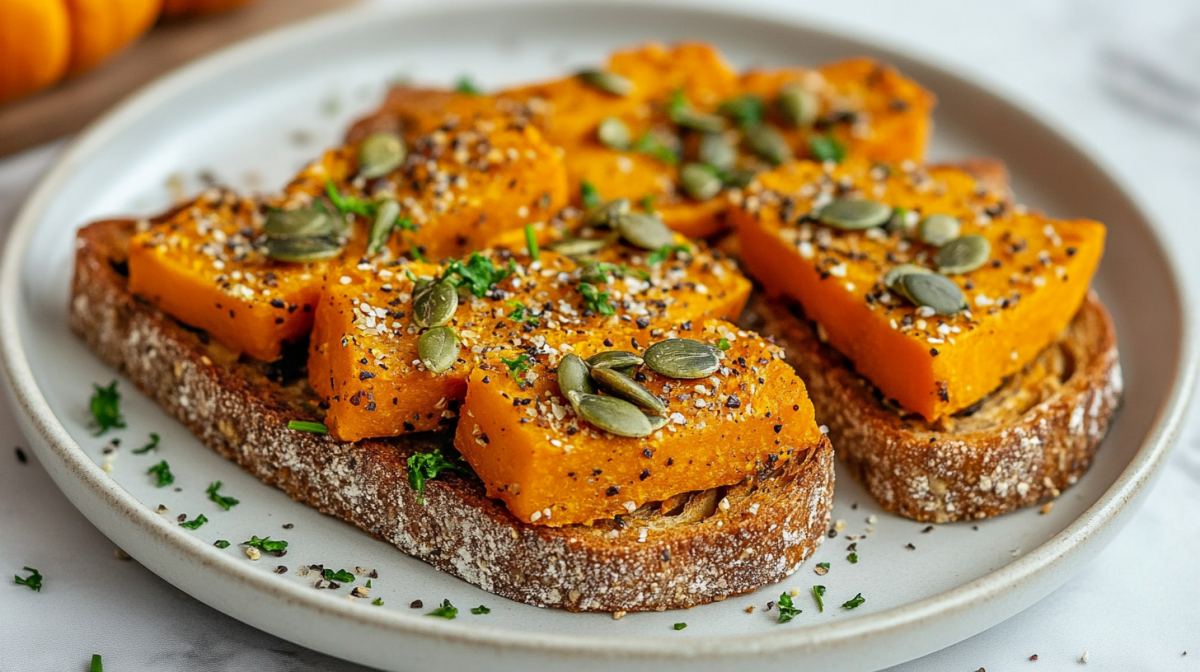 2 KÃ¼rbis-Toasts, bestreut mit KÃ¼rbiskernen, gehackten NÃ¼ssen und KrÃ¤utern, auf einem Teller.