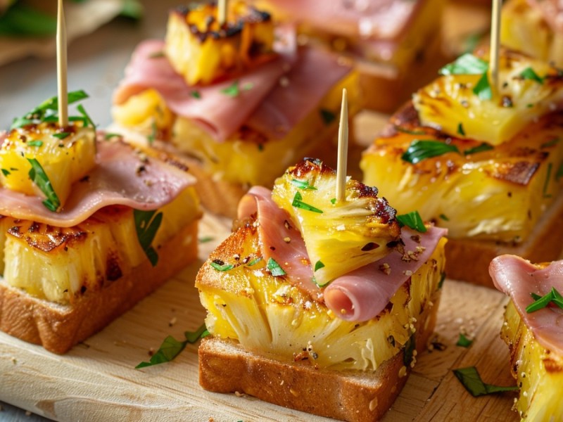 Toast-Hawaii-SpieÃŸe in Nahaufnahme auf braunem Brett.