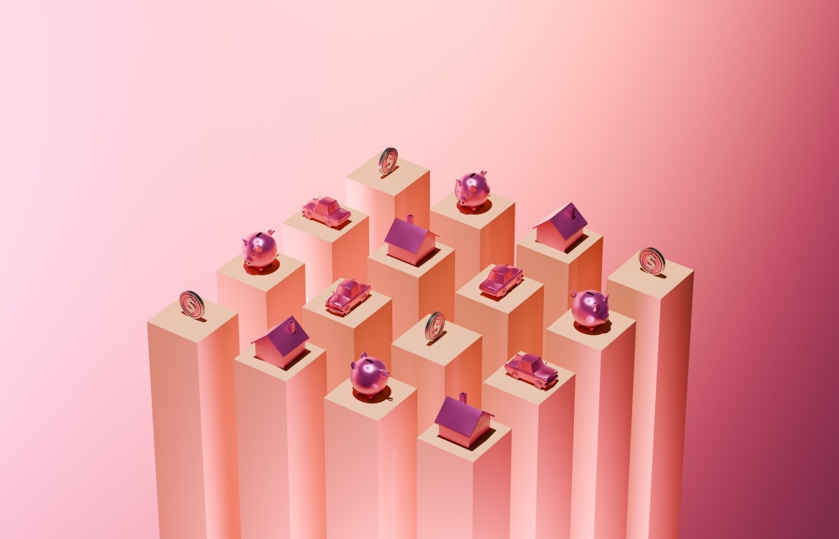 Konzeptionelles Bild der gelben Balken veranschaulichen verschiedene Finanzposten und Ausgaben wie Hypotheken, Autokredite und Ersparnisse.