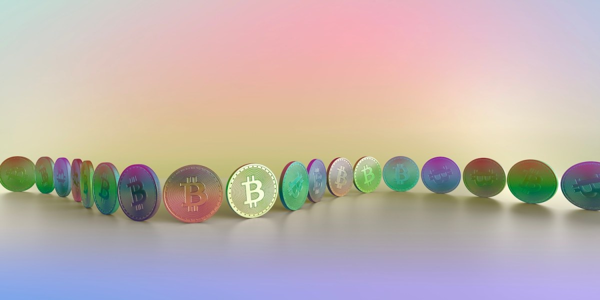 Ein pastellfarbenes, mehrfarbiges Bild einer zweifarbigen Münze mit Bitcoin-Symbol, angeordnet in einer Reihe oder Kette entlang einer Kurve vor einem mehrfarbigen Hintergrund.