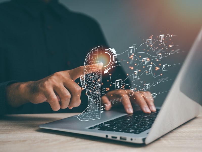 Eine Person zeichnet mit einem Laptop ein Gehirn.