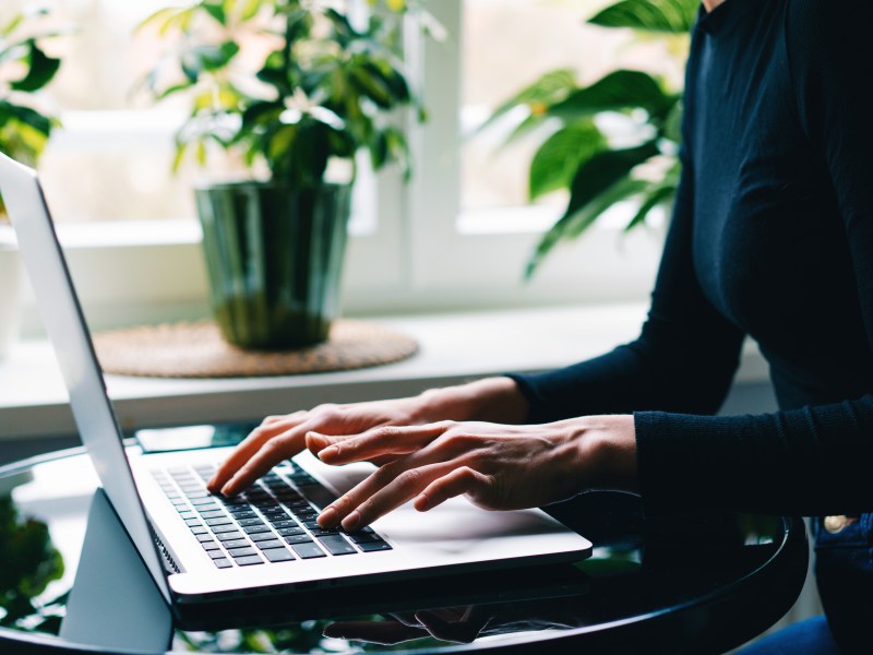 Frau tippt auf einem Laptop an einem Schreibtisch mit Fenstern und grünen Pflanzen.