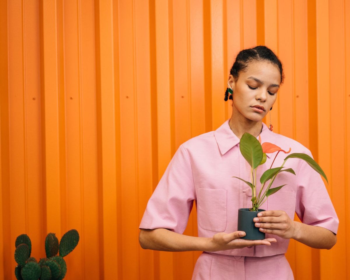 Frau steht vor einer orangefarbenen Wand und hält eine Pflanze in der Hand.