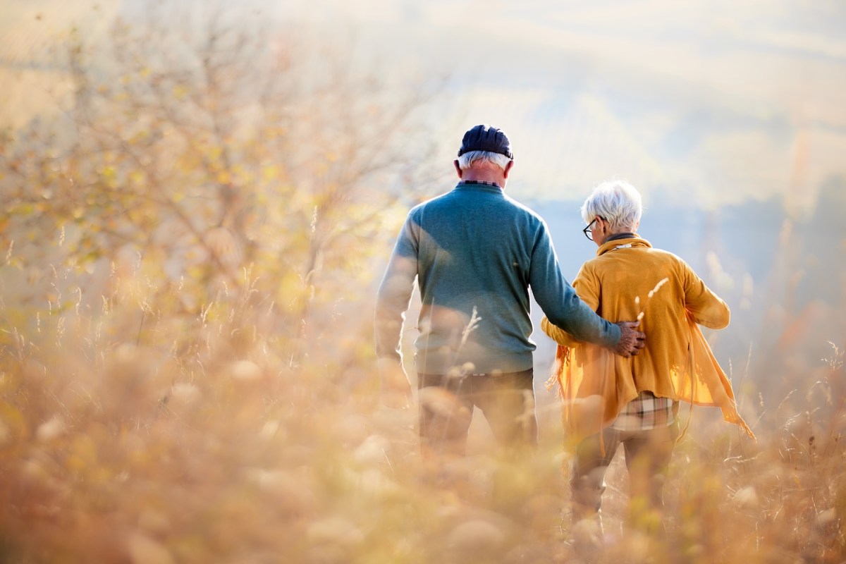 Rückansicht eines umarmten reifen Paares, das an einem Herbsttag den Hügel hinuntergeht.