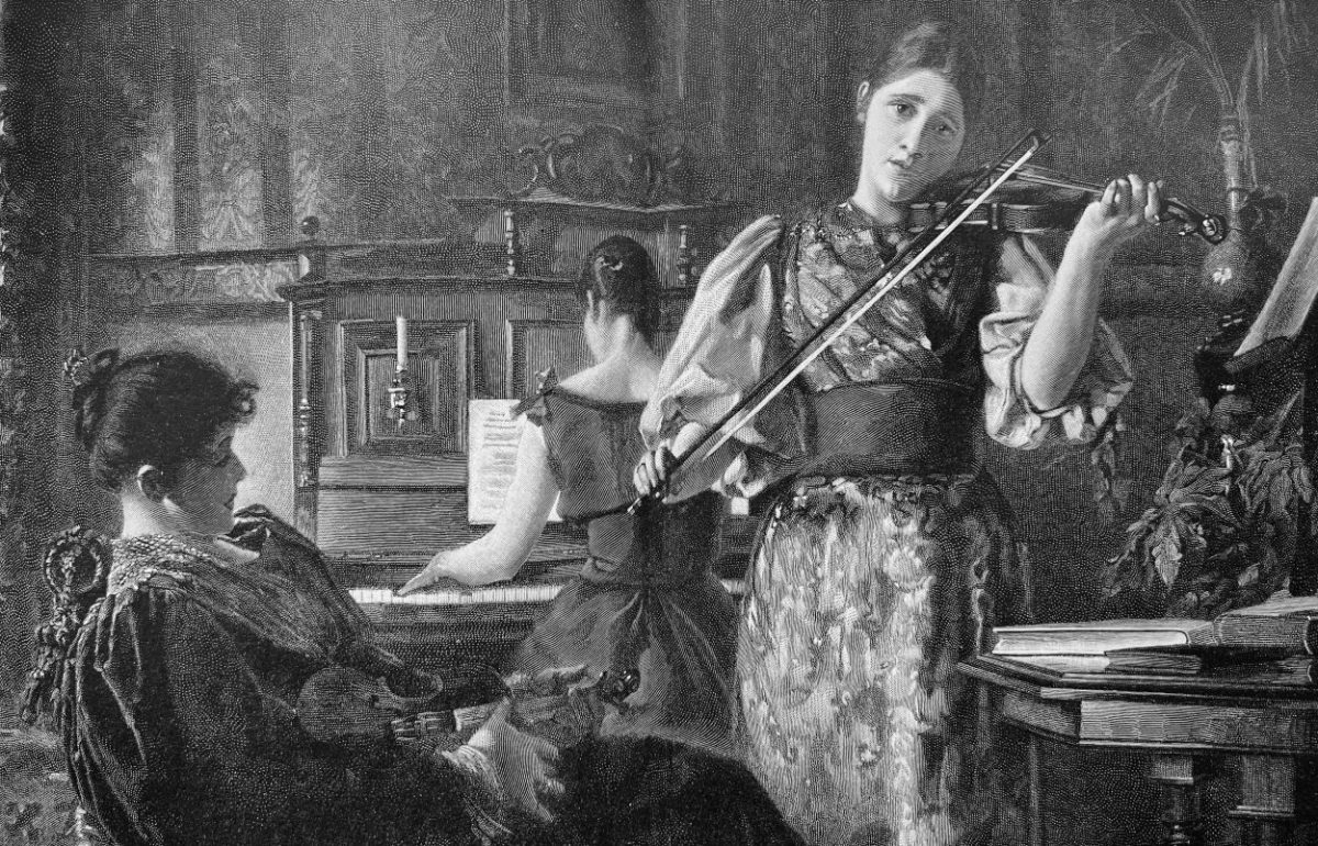 frauen spielen klavier und geige vintage retro